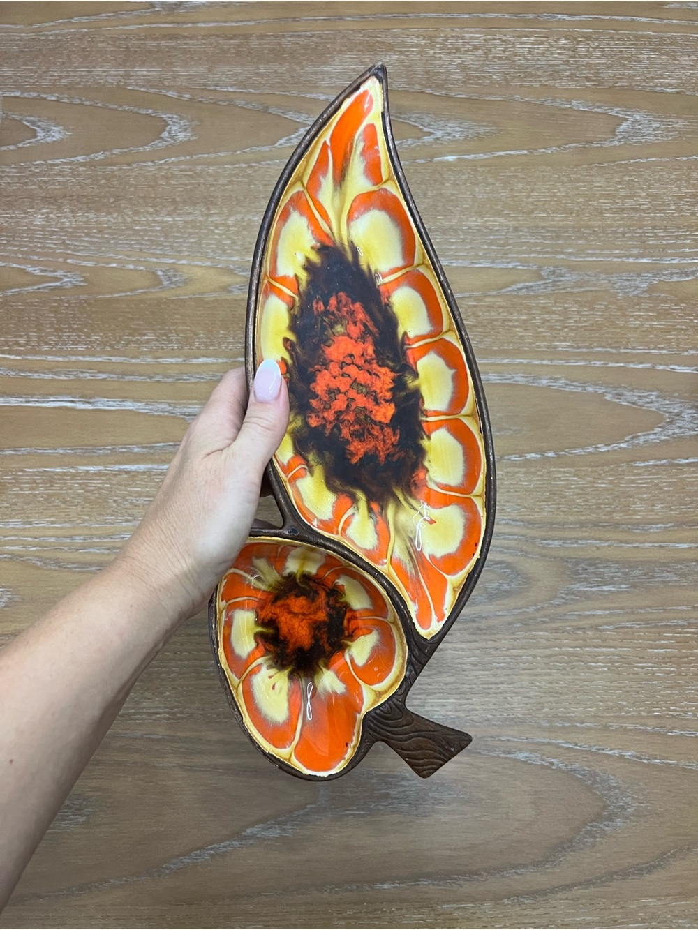 TREASURE CRAFT #375 MCM Orange Leaf Shape Chip & Dip Tray Serving Trinket Dish